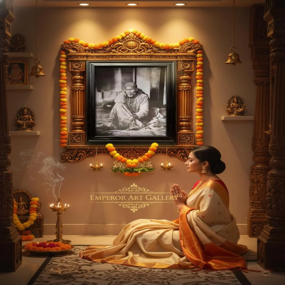 EMPEROR ART GALLERY® Sri Shirdi Sai Baba Framed Photo, Black Wooden Frame, 21x29 Inches, Laminated Digital Print, 300 GSM