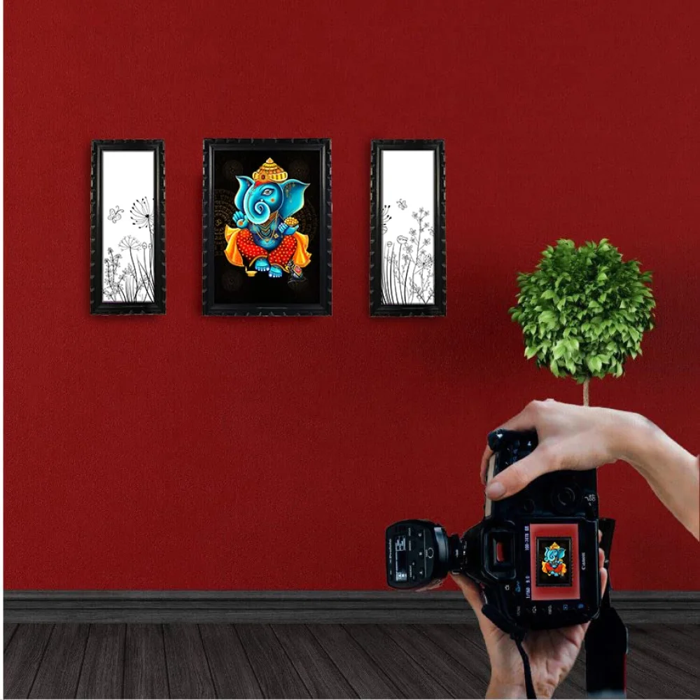 Mperor Lord Ganesh Digital Reprint With Wood Frame Combo Sale(16 x 10.8, 16x 6, 16x6) inch (Black)