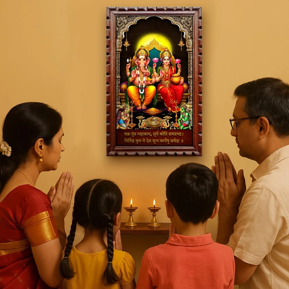 EMPEROR ART GALLERY®,Lord Ganesha and Goddess Lakshmi Religious Wall Art, Premium Wooden Frame with Carved Design, 30.5 x 51 cm, Digital Print with Glitter Lamination