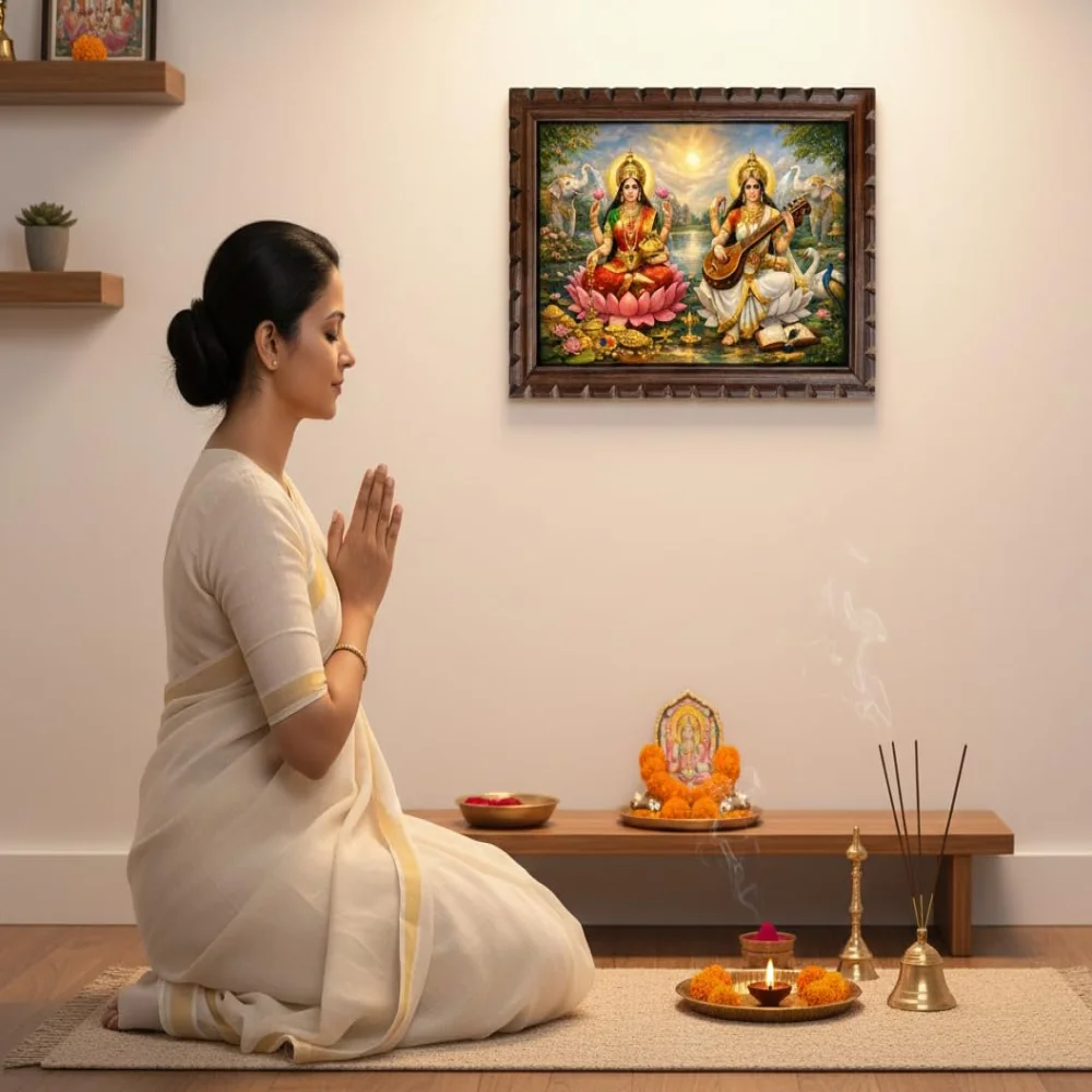 Lord Lakshmi and Saraswati Framed Photo, Premium Natural Wooden Frame with Glass, Hindu Goddess Wall Art, 15.5x11 Inches