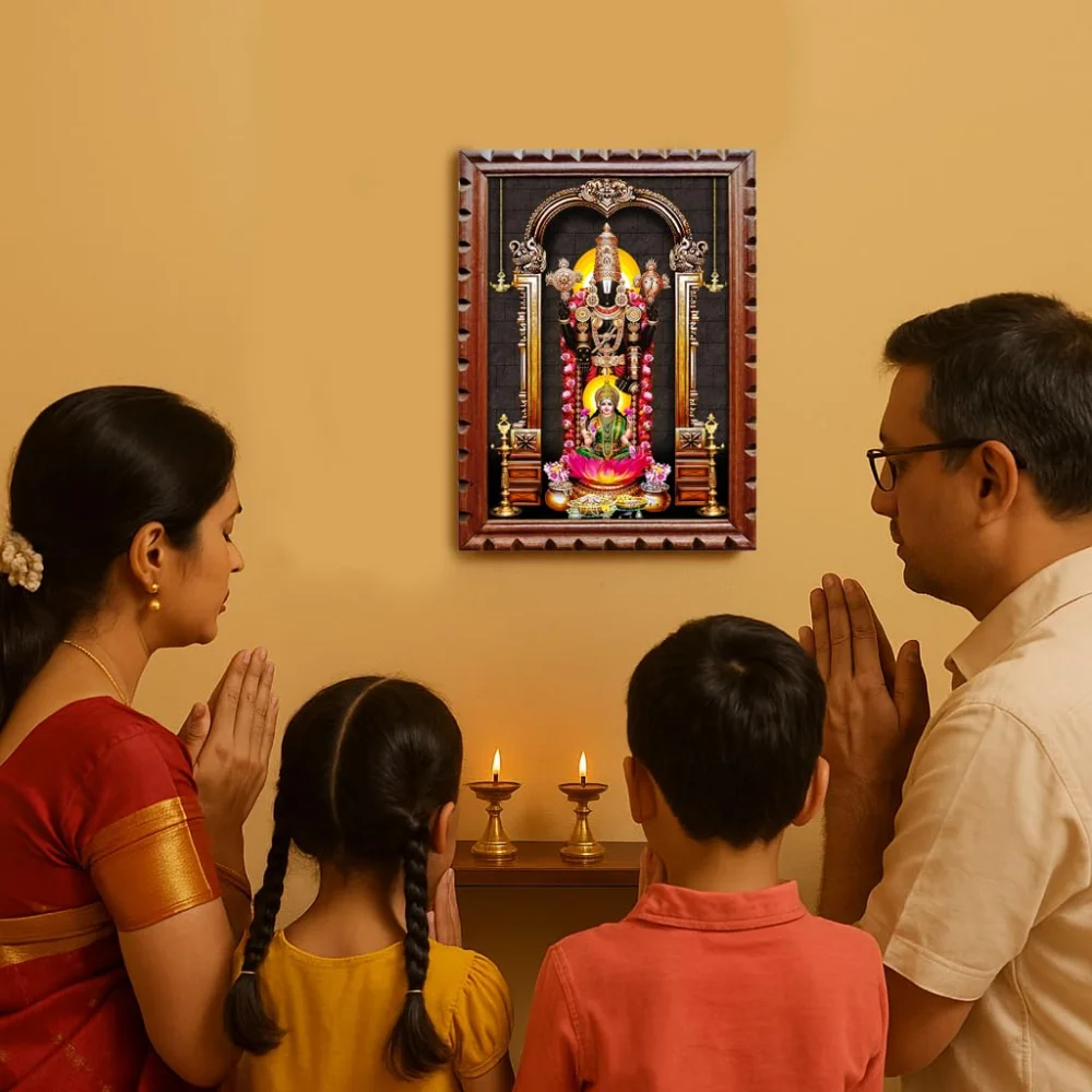 EMPEROR ART GALLERY®,Lord Venkateswara and Lakshmi Religious Photo Frame, Premium Wooden Frame with Carved Design, 14 x 10.7 inches, 300 GSM Digital Print