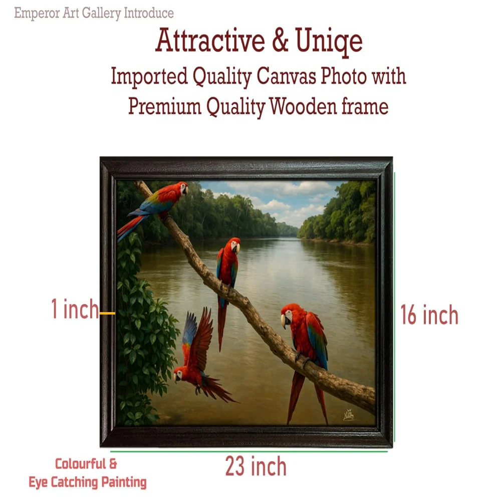 EMPEROR ART GALLERY®, Macaw Canvas Wall Art with Premium Wooden Frame, 58.4 x 40.6 cm, Tropical Birds River Scene