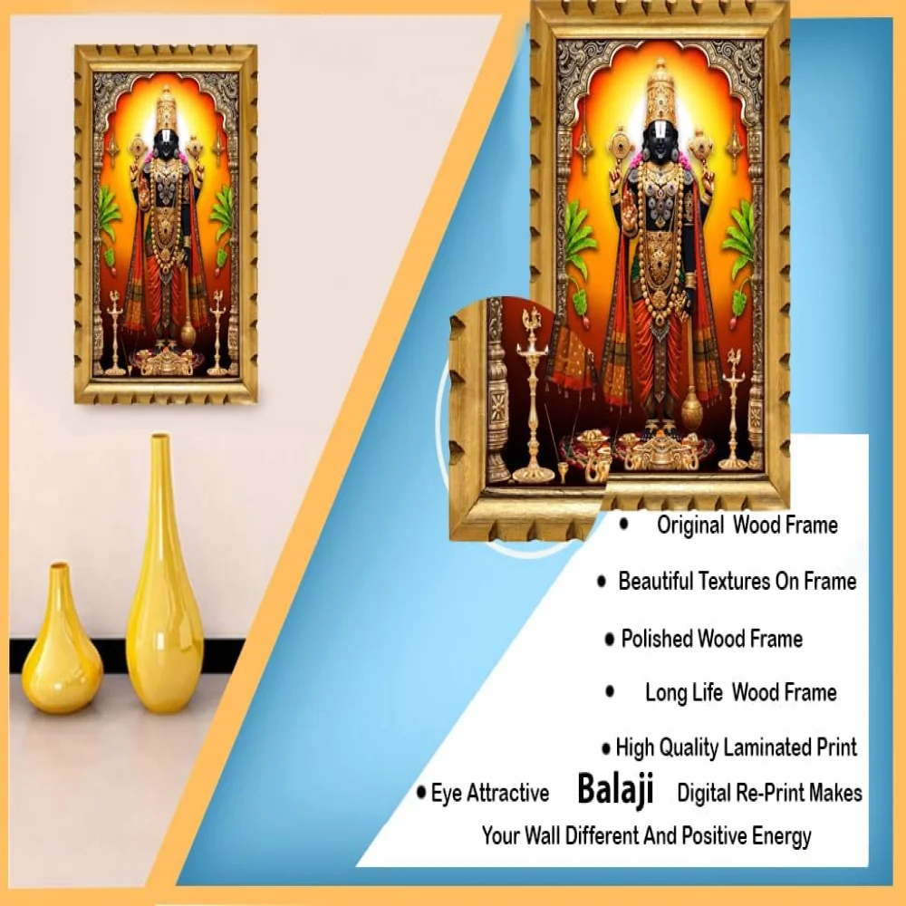 EMPEROR ART GALLERY®,Premium Venkateswara Swamy Religious Wall Frame, Wooden Frame with Glass, 33 x 47.2 cm, Digital Print