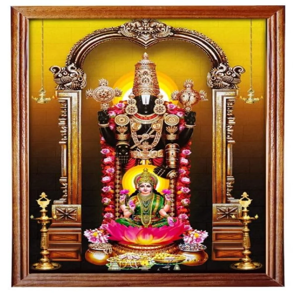 mperor God Venkateswara Swamy With Lakshmi Photo With Teak Wood Frame Religious Frame(12.5x9.2)