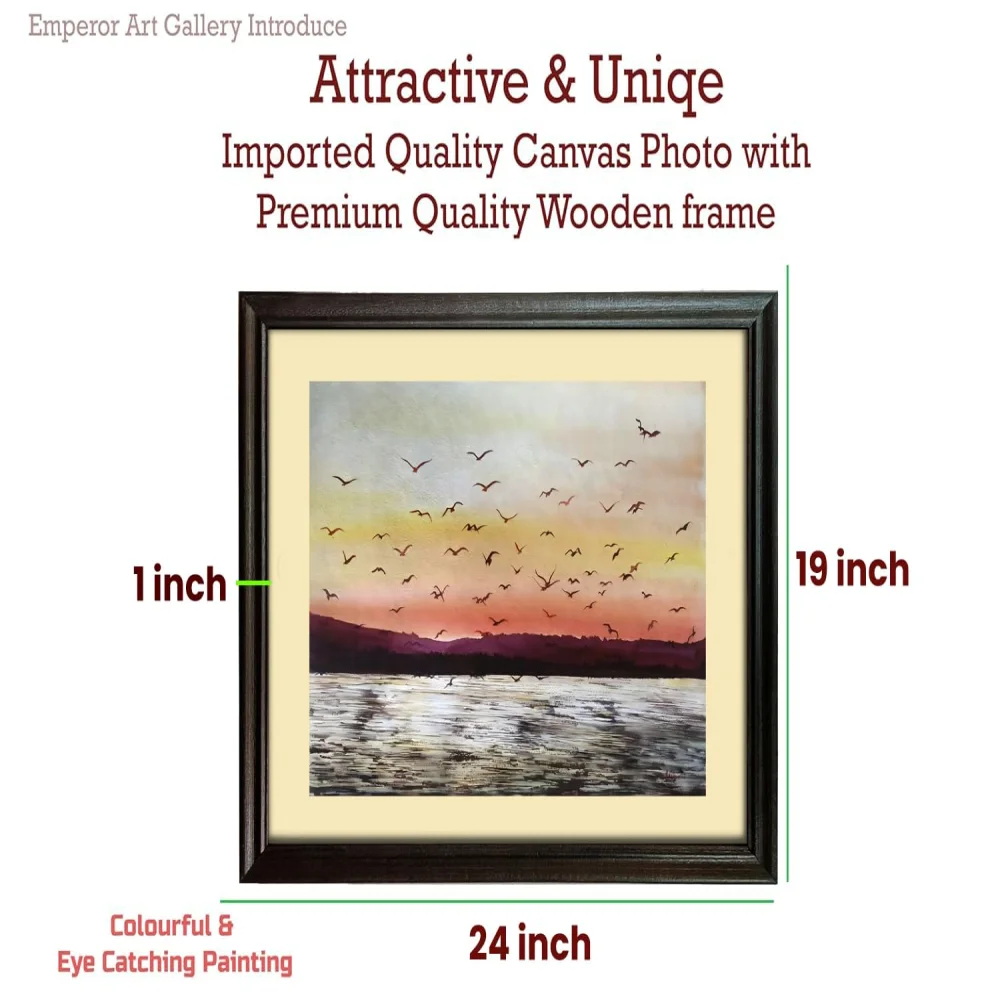 EMPEROR ART GALLERY®,Sunset Lake Canvas Wall Art with Premium Wooden Frame, 24 x 19 inch, Birds in Flight Landscape Painting