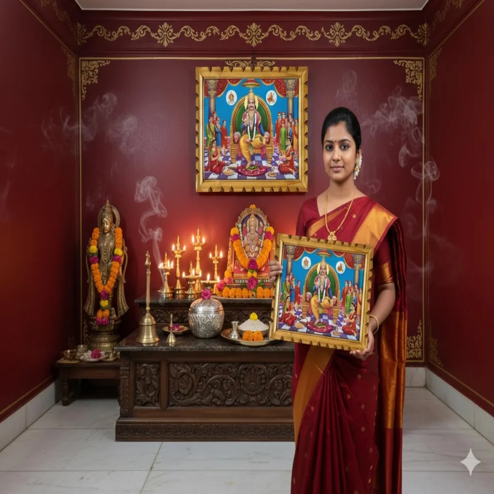 Lord Chitragupta Bhagwan Premium Wooden Frame, Hindu Religious Wall Art, Natural Wood, Laminated Digital Print, 17.4 x 14 inches