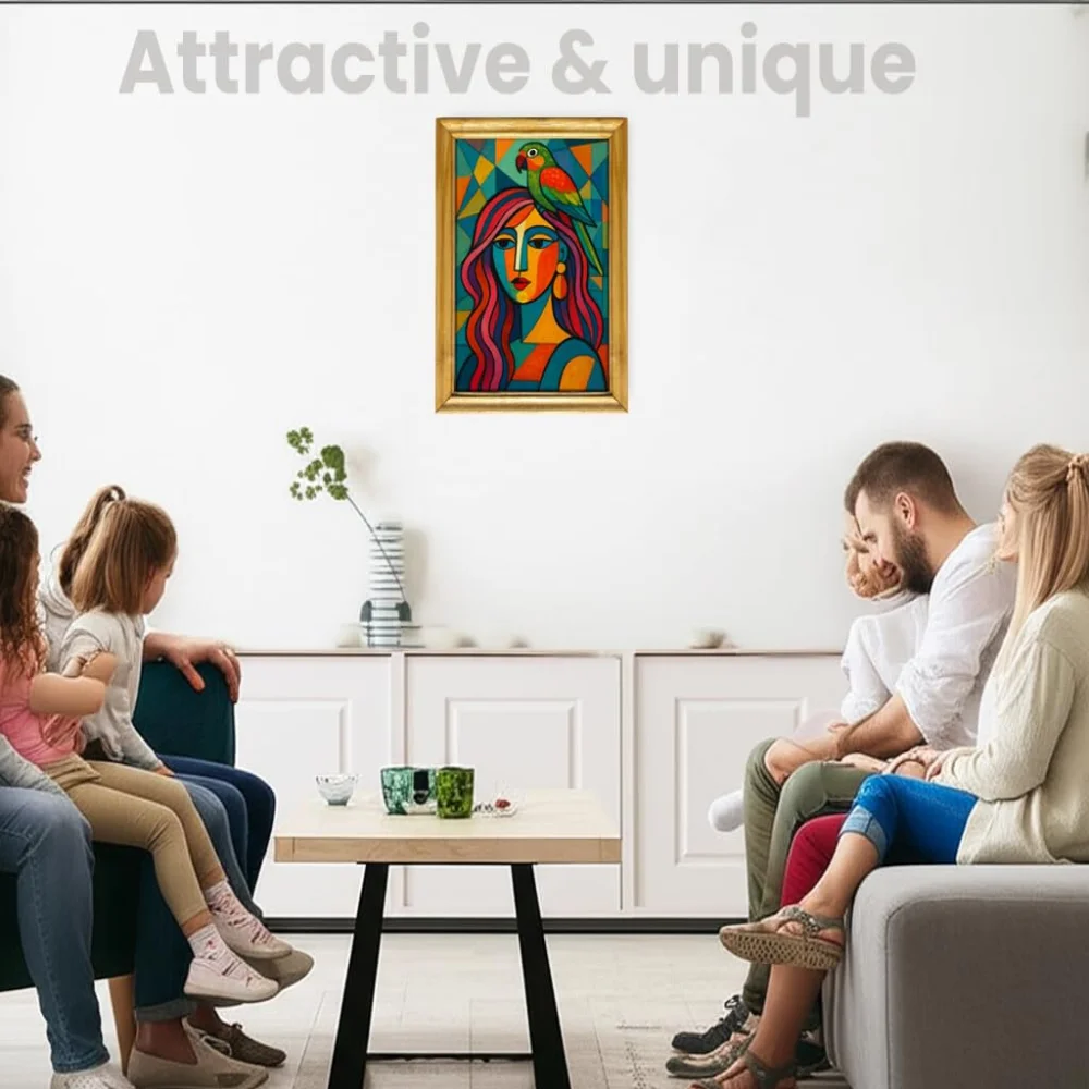 EMPEROR ART GALLERY®,Abstract Portrait with Parrot Wall Art, 35.5 x 50.8 cm, Natural Wooden Frame, Glitter Laminated Digital Print