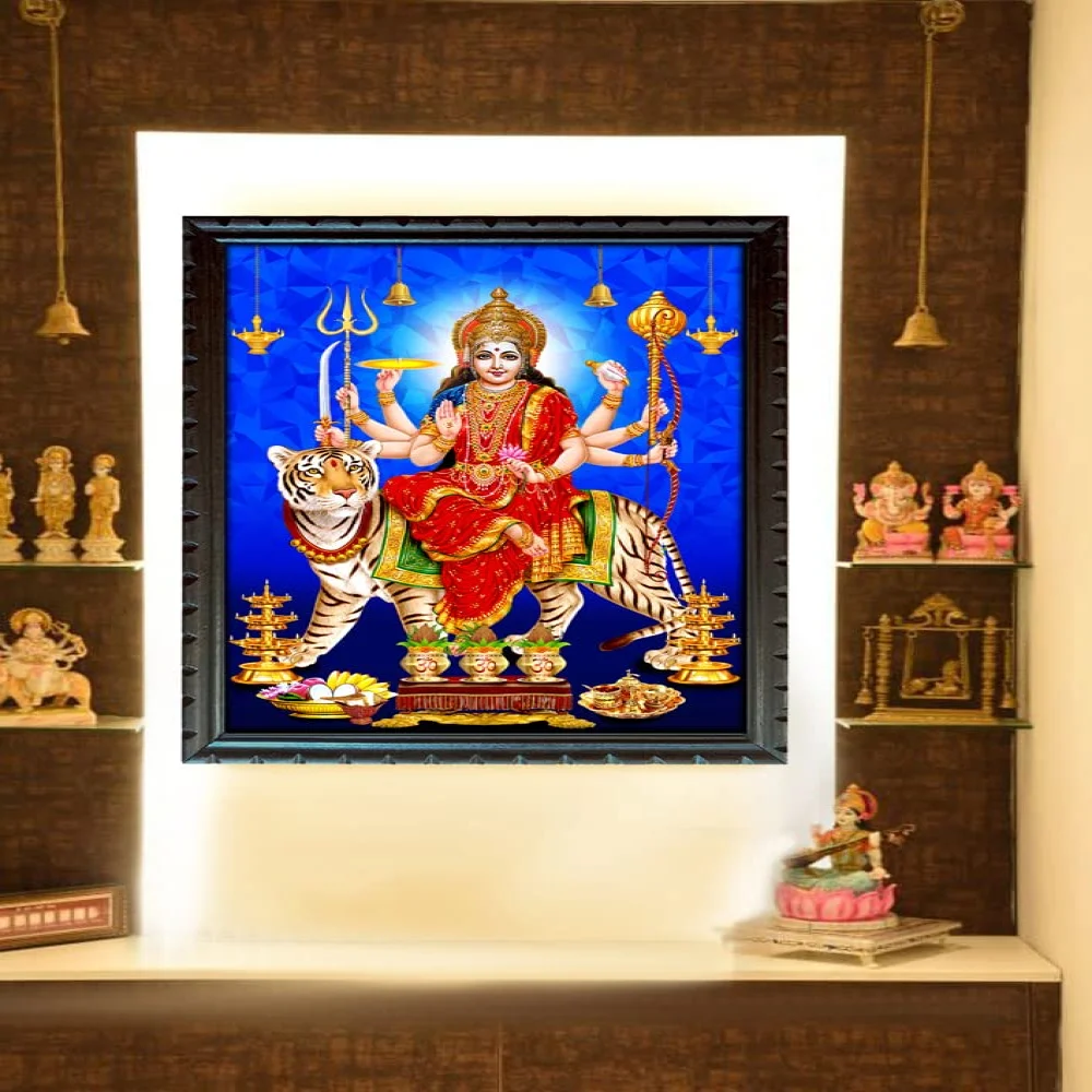 Durga Maa Digital Reprint With Wood Frame (14 X 10) inch Religious Frame Religious Frame (14 x 10, Blue)