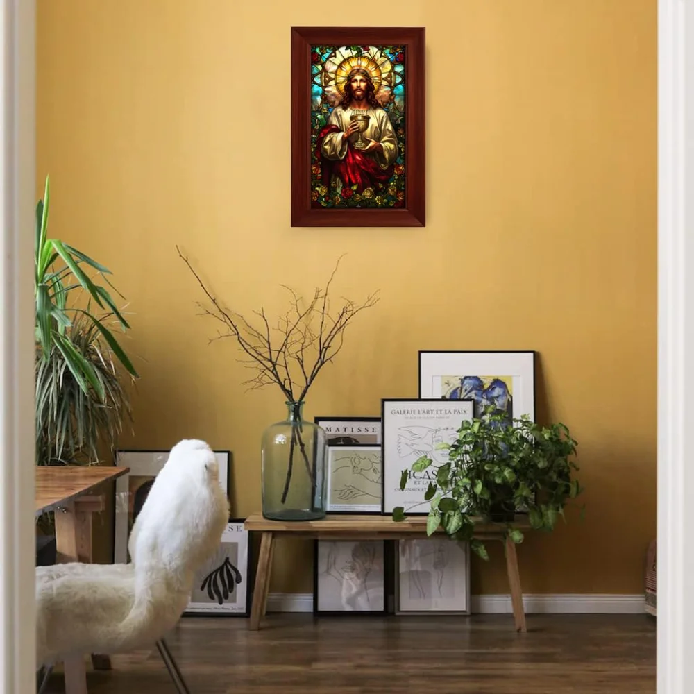 EMPEROR ART GALLERY®,Religious Stained Wall Art, Wooden Frame, Digital Print, Laminated, 14.6 x 22.6 inch, Home Decor