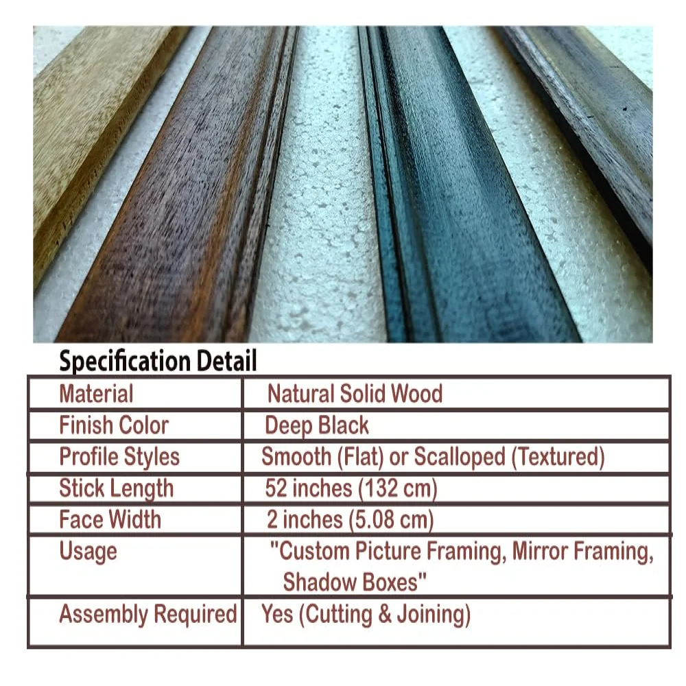 EMPEROR ART GALLERY®Premium Professional Black Wooden Picture Frame Moulding, 2 x 52 Inch, Custom DIY Framing Sticks for Artwork, Gallery-Grade