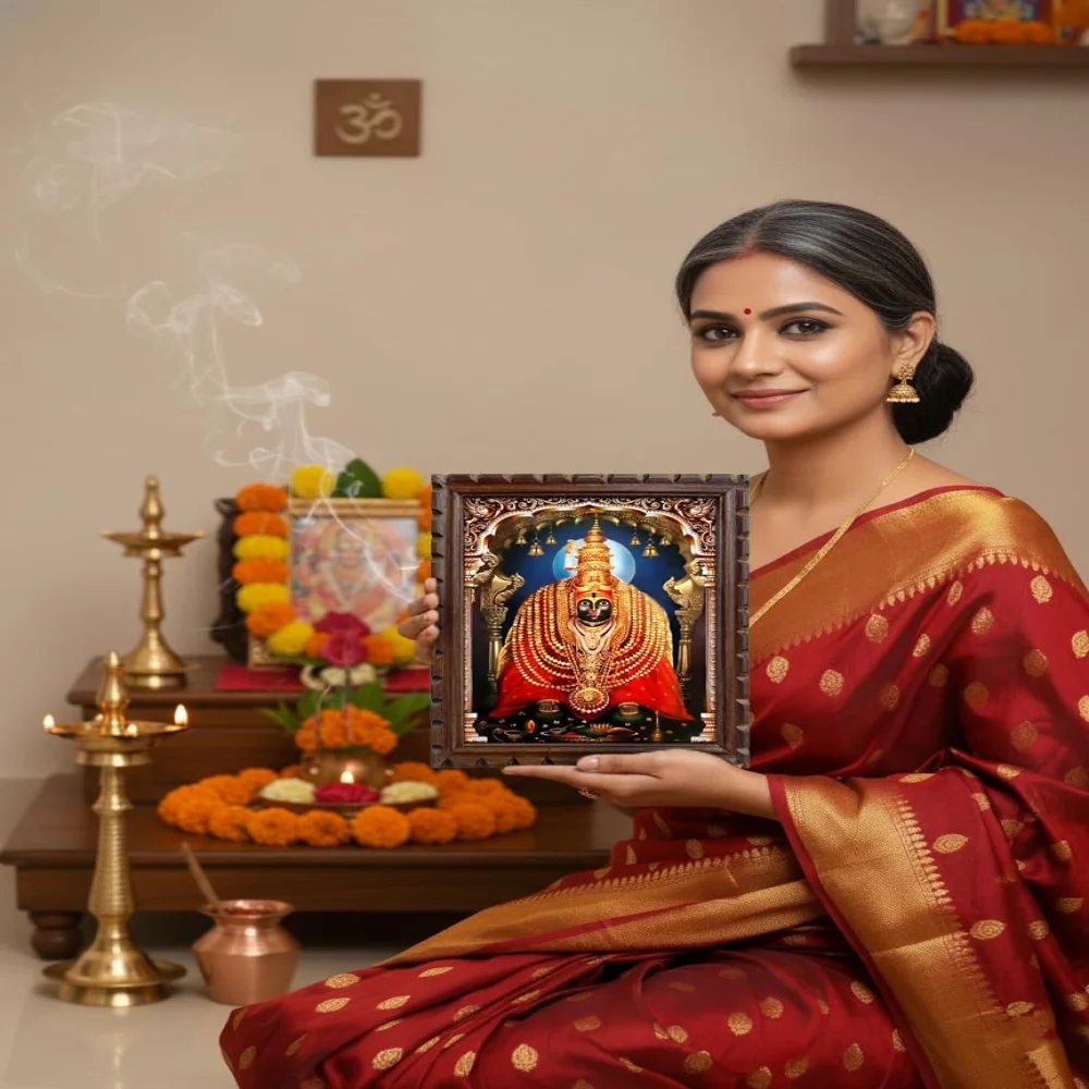 EMPEROR ART GALLERY Lord Tulja Bhavani Wooden Temple Photo Frame,Digital Print with Film Lamination, Original Wood Frame, 13.6 x 10.4 inches, Traditional Decor