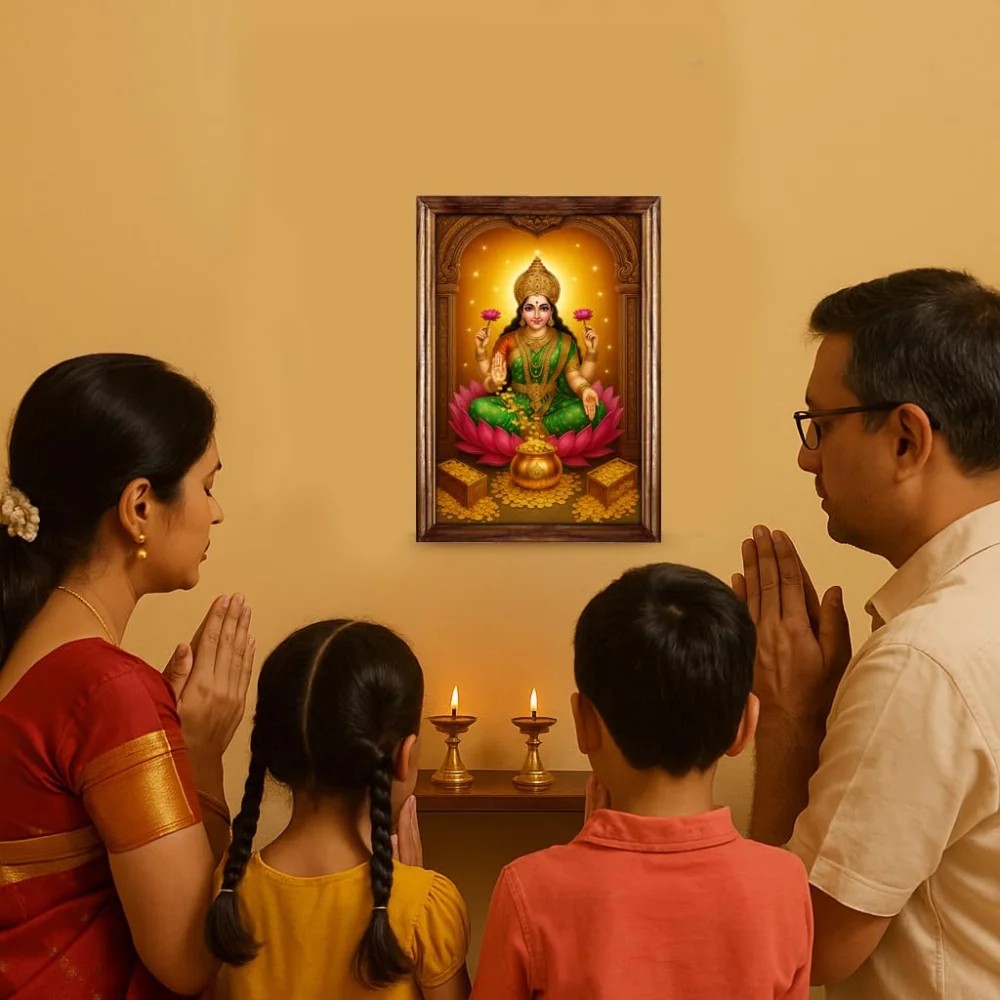 EMPEROR ART GALLERY®, Lakshmi Mata Religious Wall Art, Teak Wood Frame with Carved Design, 24x34 cm, Film Laminated Digital Print