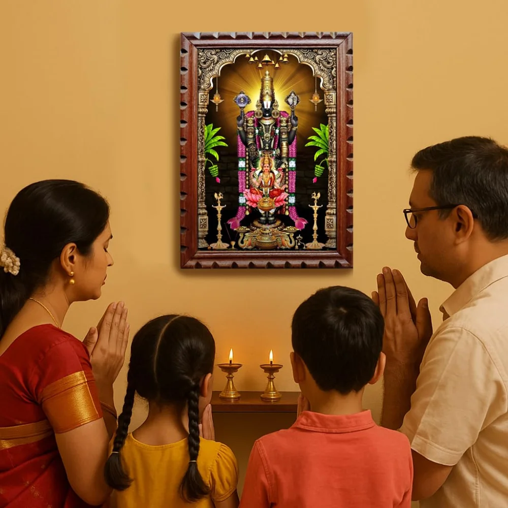 EMPEROR ART GALLERY®,Venkateswara Swamy with Lakshmi Religious Photo Frame, 35.5 x 50.8 cm, Original Wooden Frame with Rare Carved Design, Film Laminated Digital Print