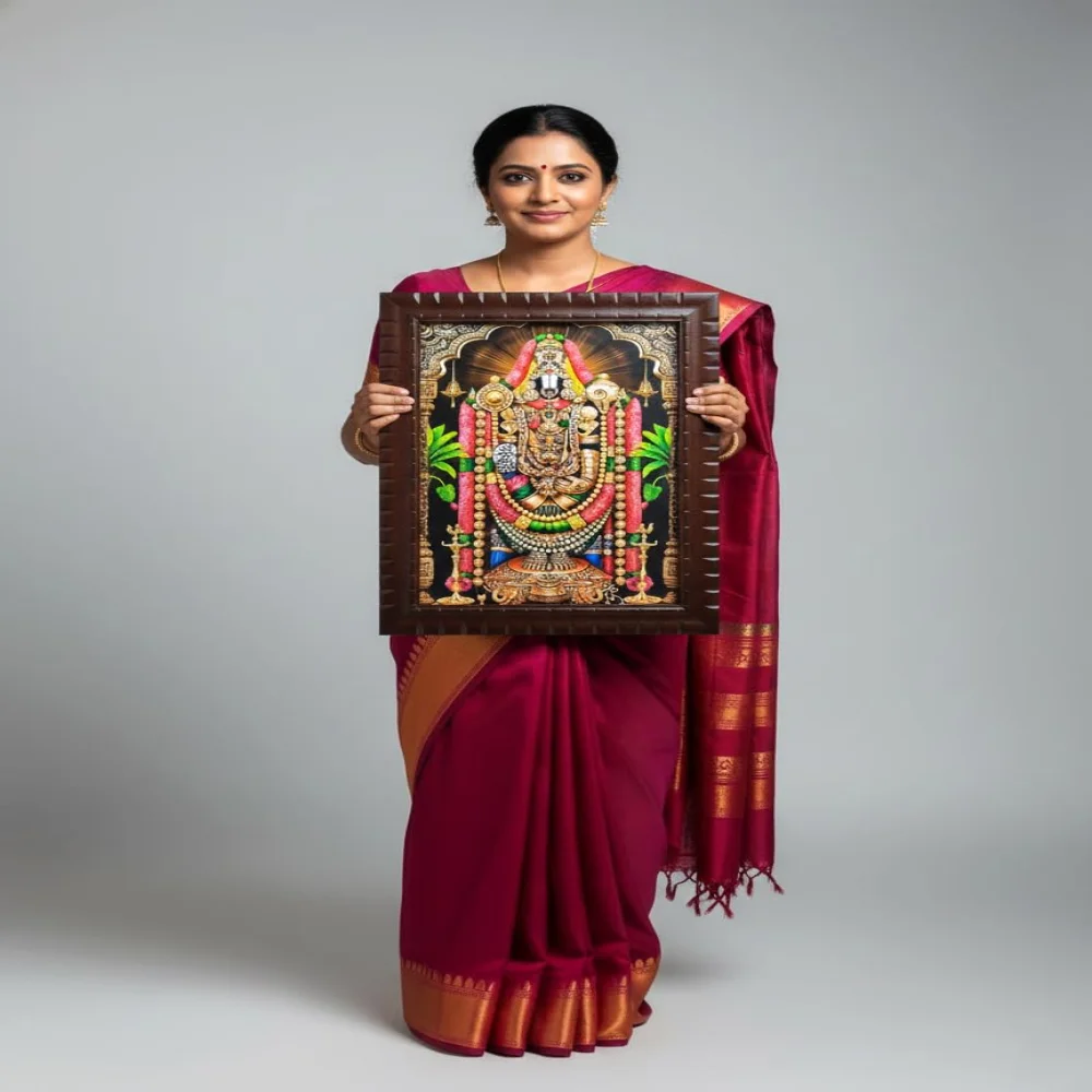 EMPEROR ART GALLERY®,Lord Venkateswara Swamy Religious Photo Frame, Carved Wooden Frame, 17x23 Inch, Film Laminated Digital Print