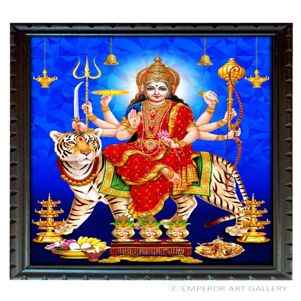 Durga Maa Digital Reprint With Wood Frame (14 X 10) inch Religious Frame Religious Frame (14 x 10, Blue)