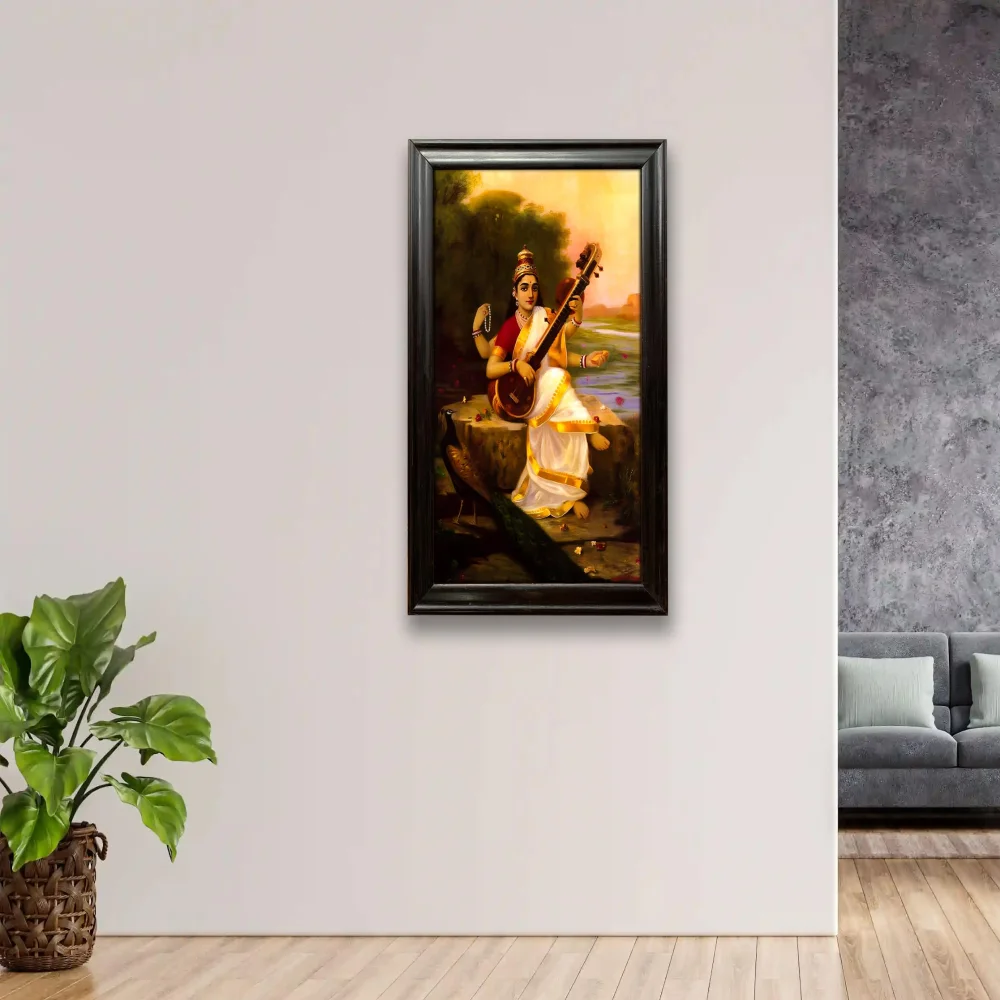 EMPEROR ART GALLERY Goddess Saraswati Canvas Digital Re-Print, Premium Wooden Frame, 68.6 x 101.6 cm, Colourful Wall Decor