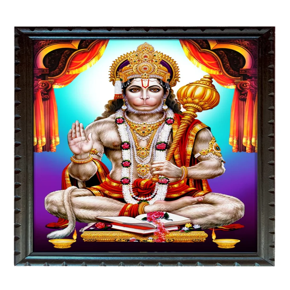 Lord Hanuman Laminated Digital RePrint With Wood Frame (18 X 13.4) inch Religious Frame (Blue)