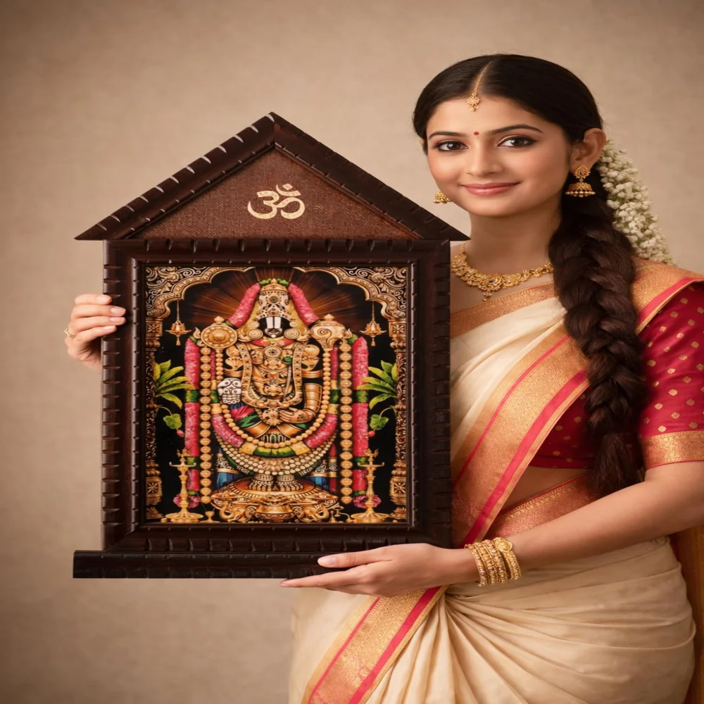 EMPEROR ART GALLERY®,Lord Venkateswara Swamy Religious Photo Frame with Premium Carved Wooden Design, Om Symbol, Temple Style, 33.4 x 19.4 Inch