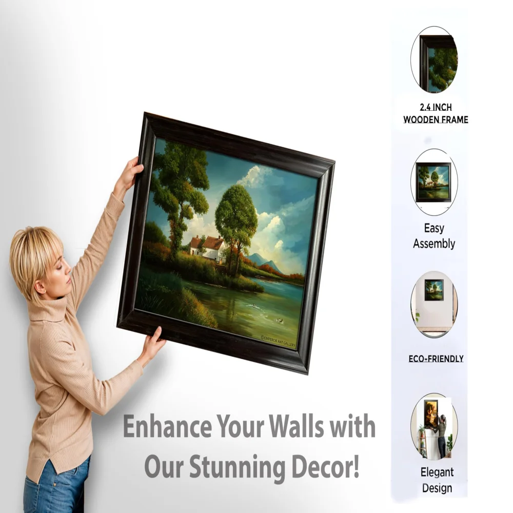 EMPEROR ART GALLERY®,Landscape Canvas Wall Art with Wooden Frame, 31.4 x 24.8 inches, Lake House Scene