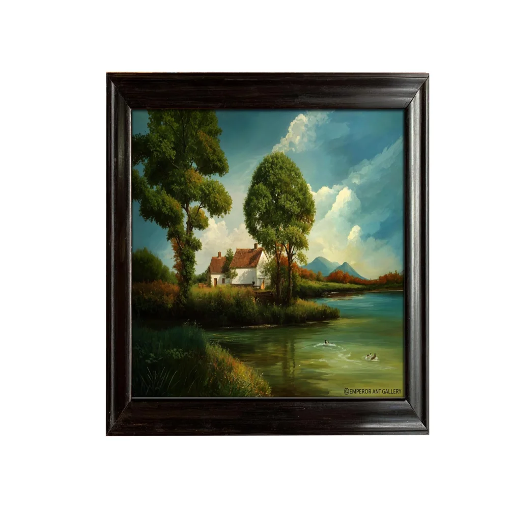 EMPEROR ART GALLERY®,Landscape Canvas Wall Art with Wooden Frame, 31.4 x 24.8 inches, Lake House Scene