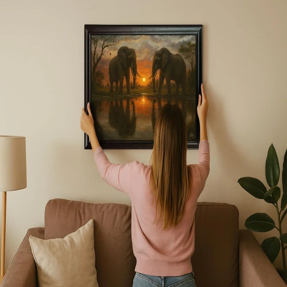 EMPEROR ART GALLERY®, African Elephants Sunset Canvas Wall Art with Premium Wooden Frame, 23 x 16 inches, Black Frame