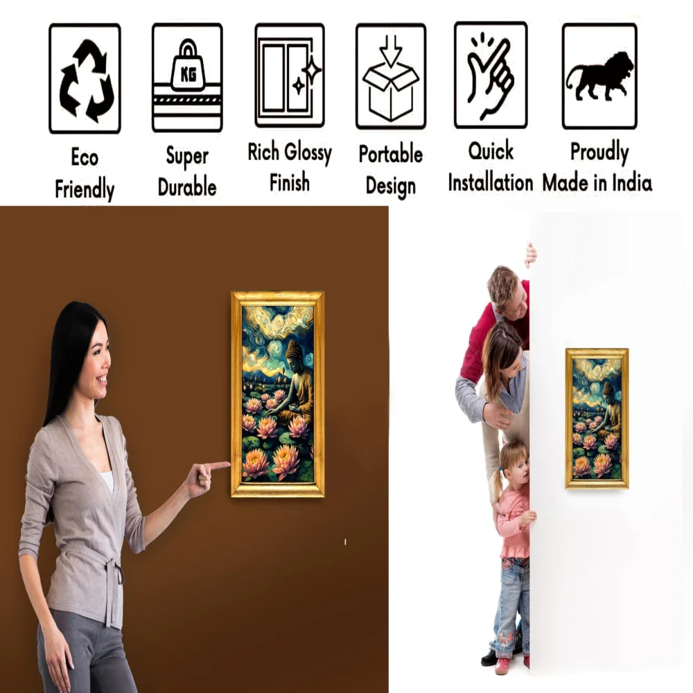 Celtic Buddha Wall Art with Lotus Design, 30.5 cm x 51 cm, natural colour Wooden Frame, Laminated Digital Print