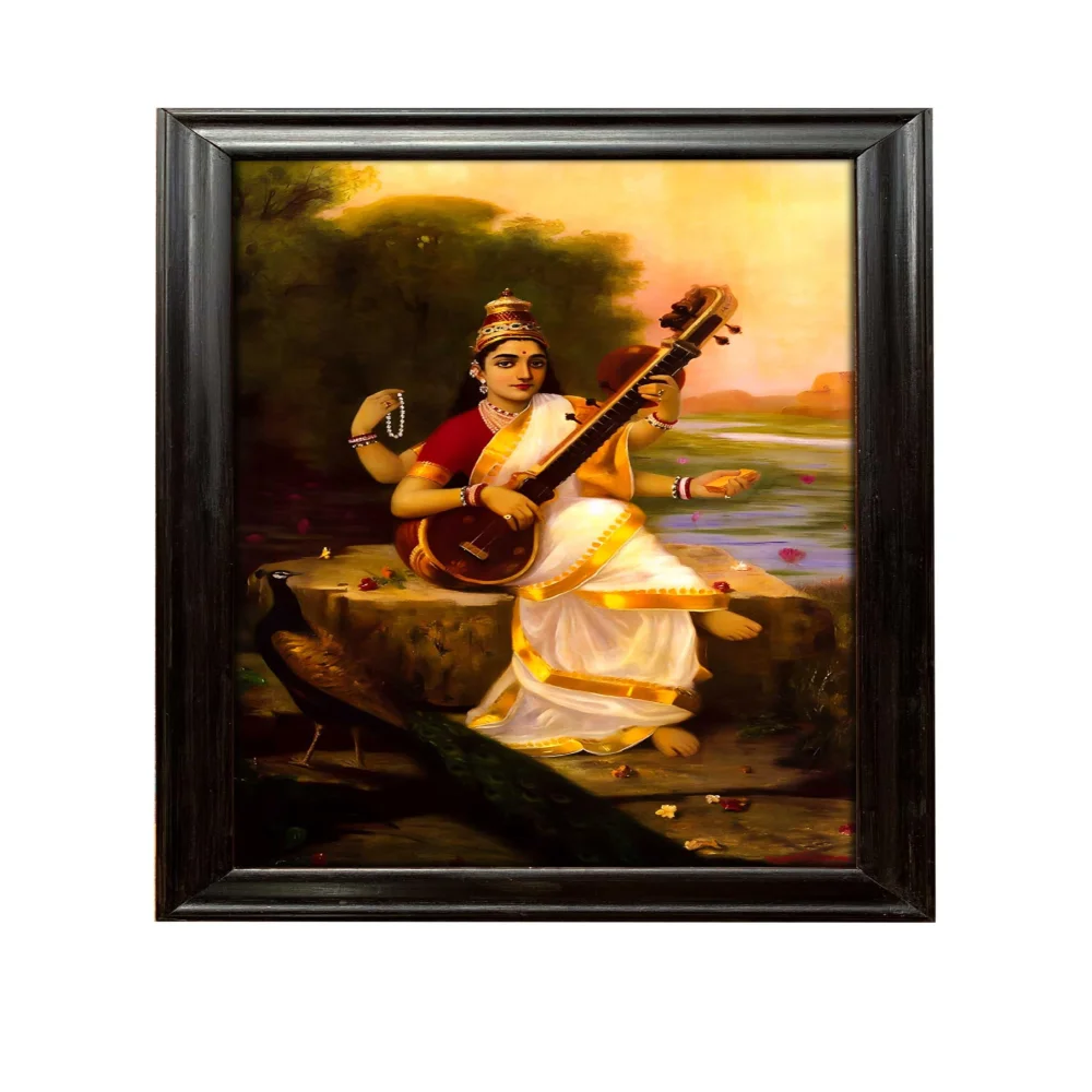 EMPEROR ART GALLERY Goddess Saraswati Canvas Digital Re-Print, Premium Wooden Frame, 68.6 x 101.6 cm, Colourful Wall Decor