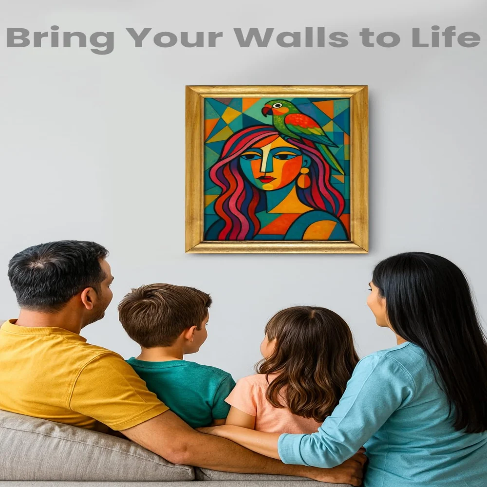 EMPEROR ART GALLERY®,Abstract Portrait with Parrot Wall Art, 35.5 x 50.8 cm, Natural Wooden Frame, Glitter Laminated Digital Print