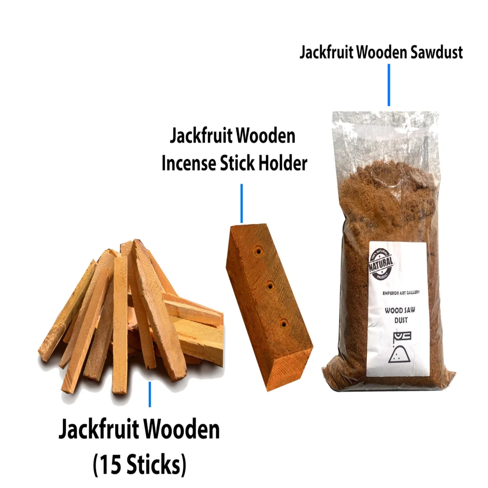 Emperor Art Gallery®,Jackfruit Wood Incense Set, Jackfruit Wood for Havan Kund 15 Sticks (6 inch), Holder (8x3x3 cm), Natural Sawdust (300g)