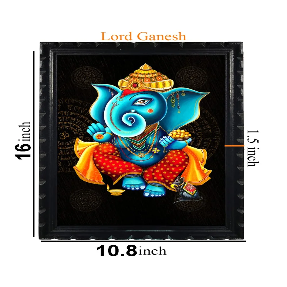 Mperor Lord Ganesh Laminated Digital Reprint With Wood Frame Size (16x10.8) in