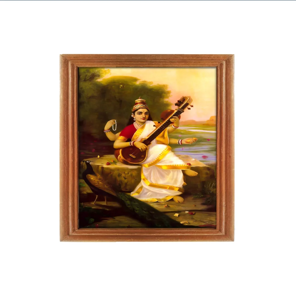 Lord Saraswati Laminated DIgital Re-Print with TEAK Wood Frame Digital Reprint 12.5 inch x 8 Painting