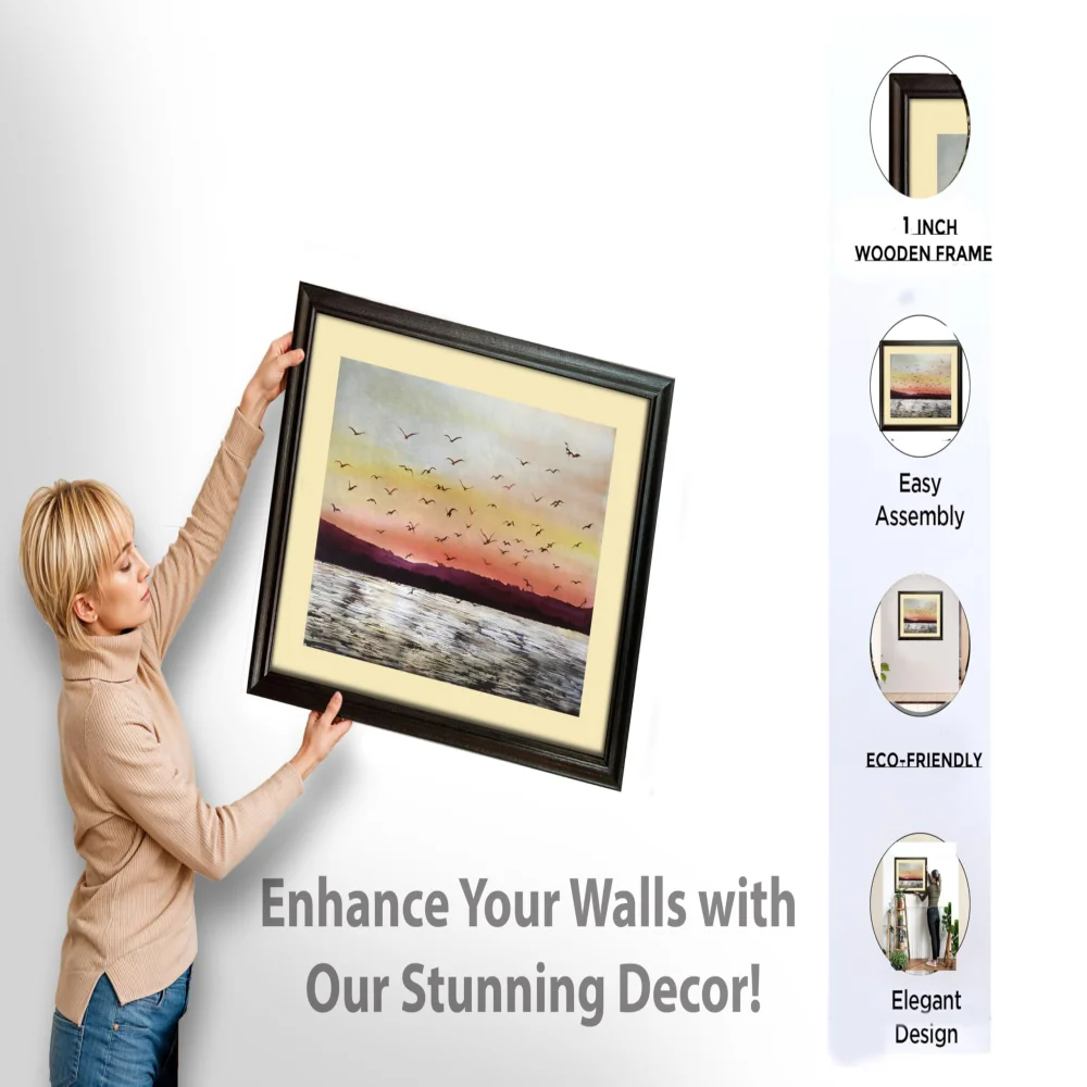 EMPEROR ART GALLERY®,Sunset Lake Canvas Wall Art with Premium Wooden Frame, 24 x 19 inch, Birds in Flight Landscape Painting