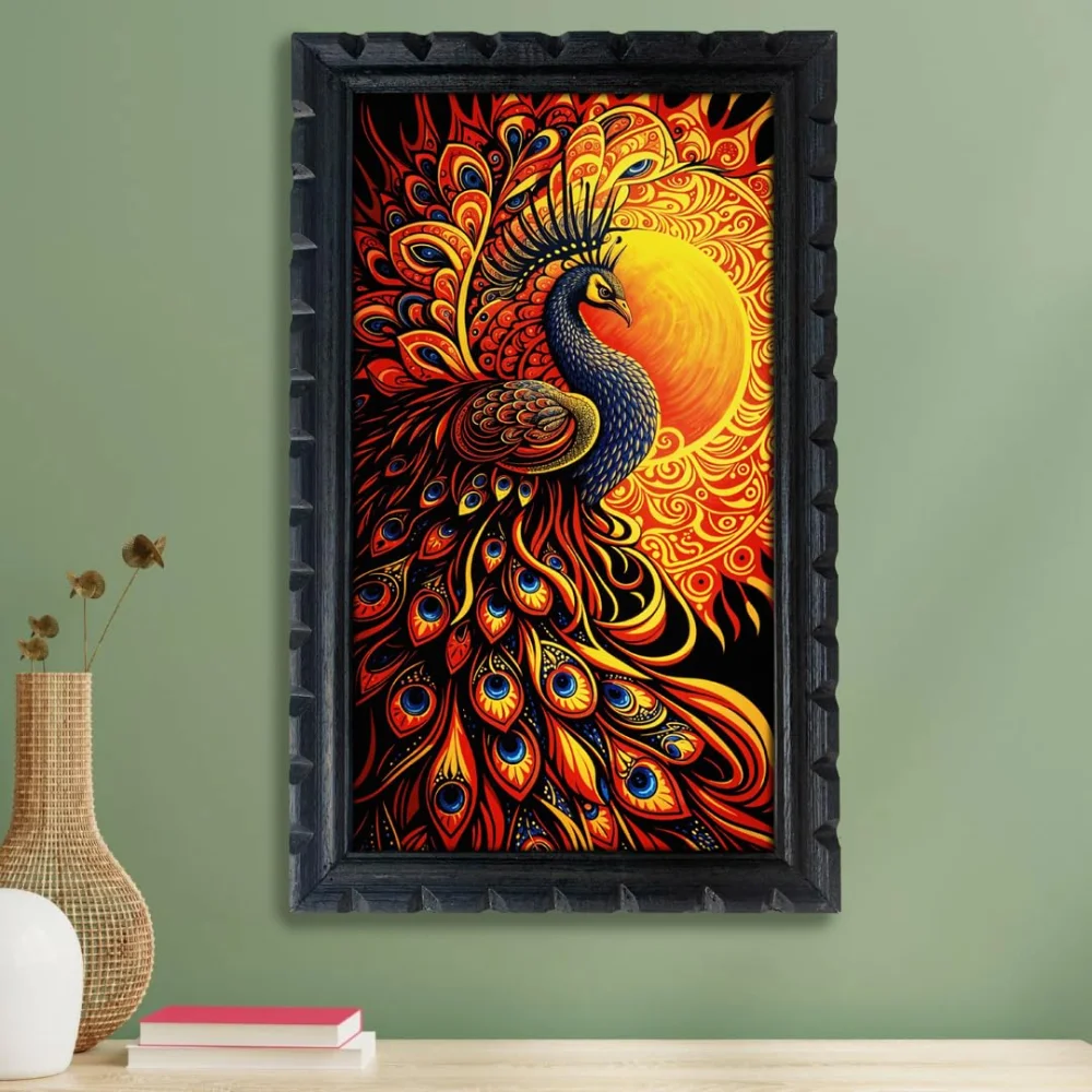 Celtic Peacock Wall Art, 28 x 51 cm, Laminated Digital Print, Black Carved Wooden Frame,for Wall