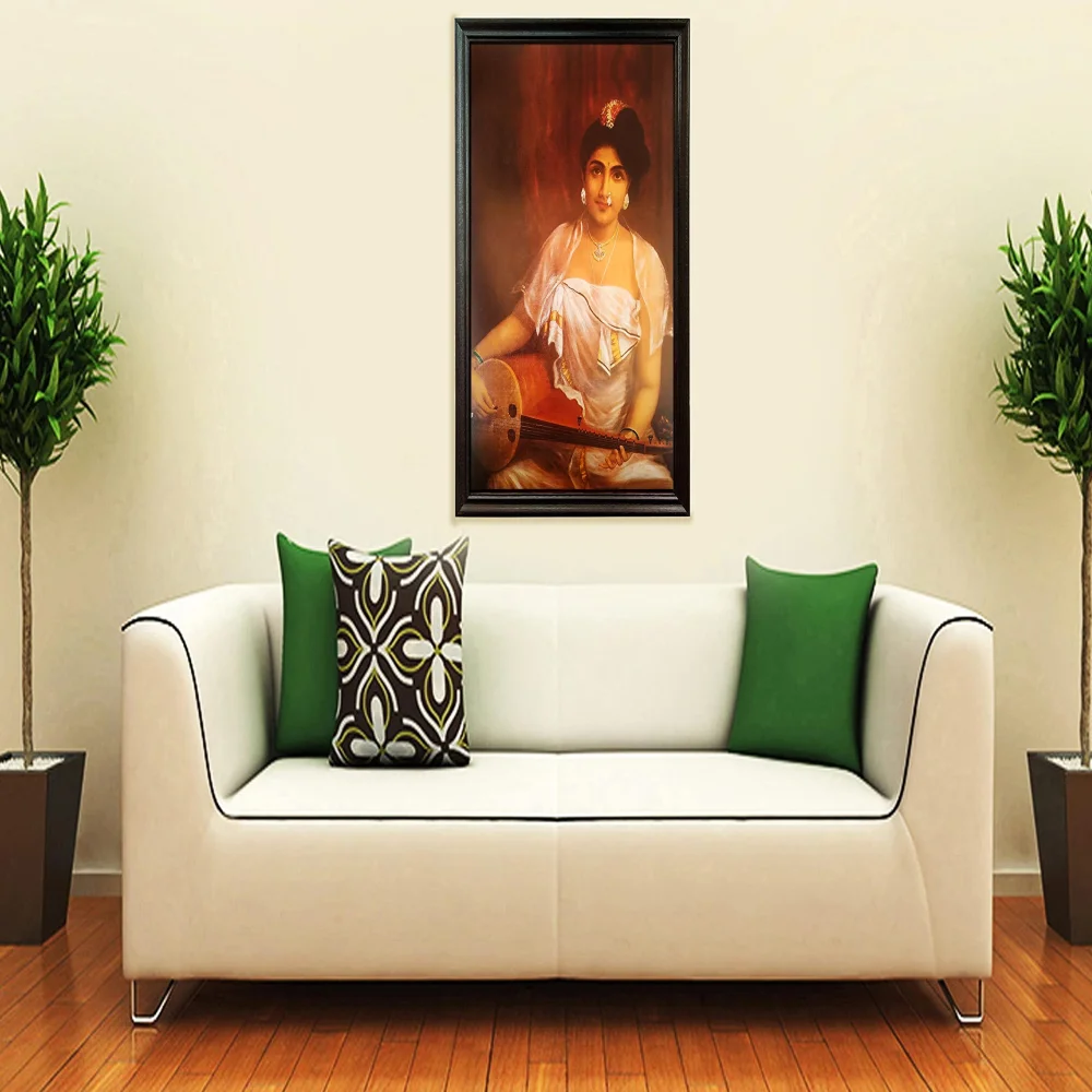 Mperor, ''Lady Playing With Veena'' Laminated Digital Re-Print With Wood Frame(28x18) in