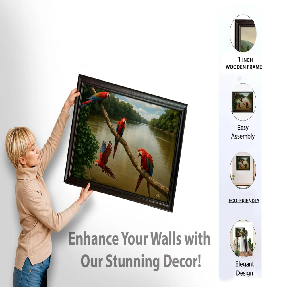 EMPEROR ART GALLERY®, Macaw Canvas Wall Art with Premium Wooden Frame, 58.4 x 40.6 cm, Tropical Birds River Scene