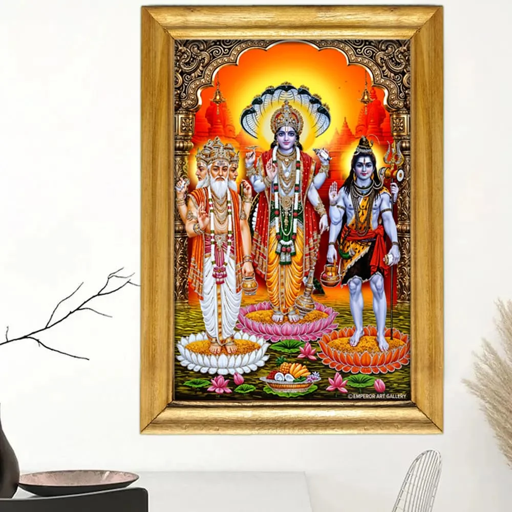 Hindu Religious Wall Art Frame with Brahma Vishnu Shiva, 33 x 51 cm, Premium Wooden Frame, Glossy Laminated Digital Print