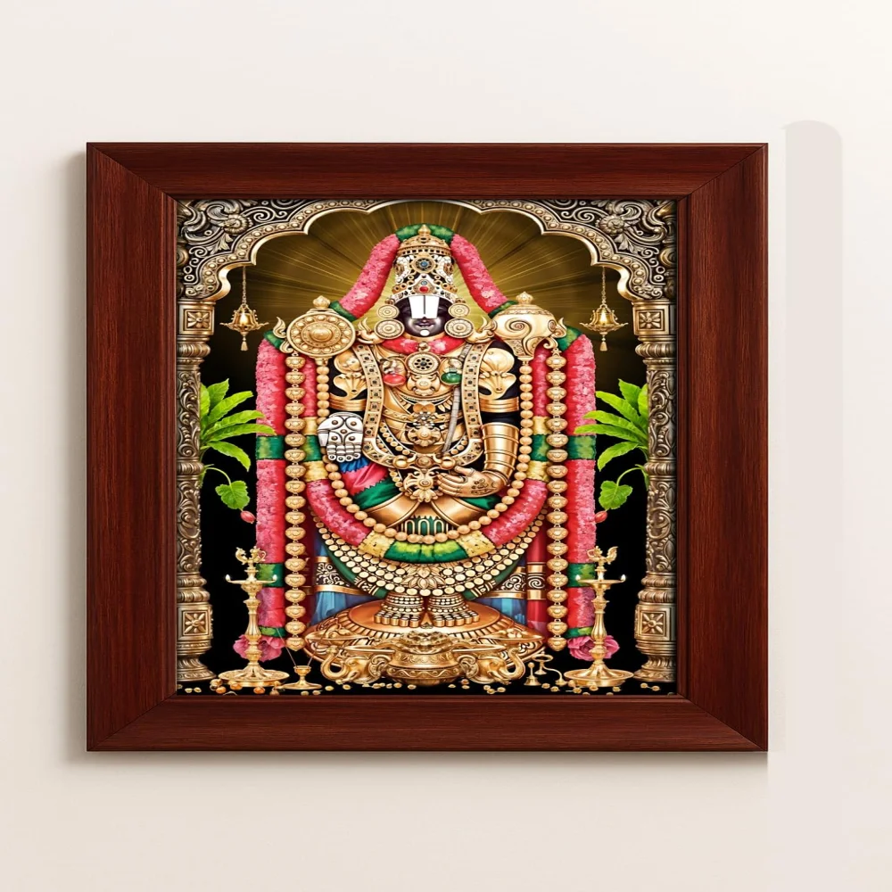 EMPEROR ART GALLERY®,Lord Venkateswara Swamy Divine Wall Art, Premium Wooden Frame with Film Laminated Digital Photo, Traditional Temple Design, 23x17 Inches