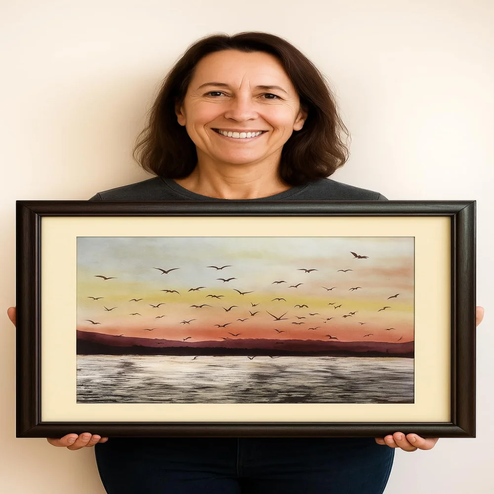 EMPEROR ART GALLERY®,Sunset Lake Canvas Wall Art with Premium Wooden Frame, 24 x 19 inch, Birds in Flight Landscape Painting