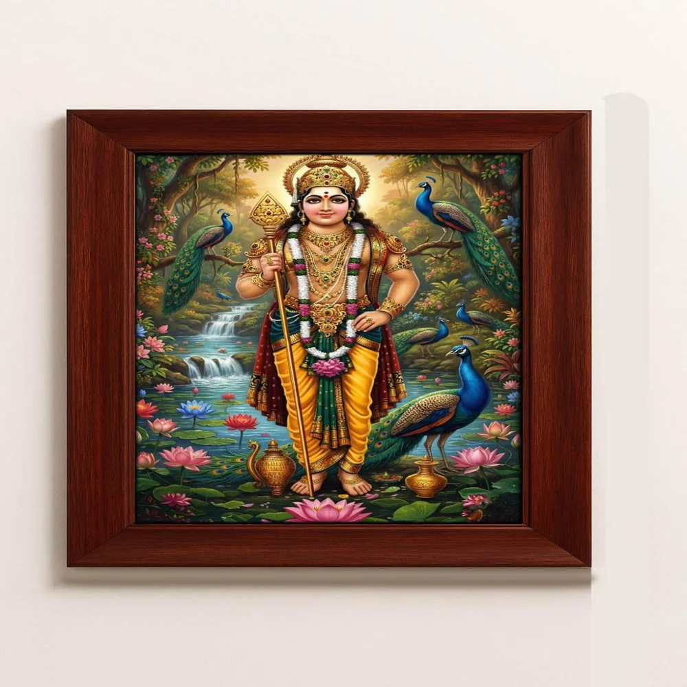 EMPEROR ART GALLERY®,Lord Subramanya Swamy Framed Wall Art, Premium Wooden Frame, Film Laminated Digital Photo Print, 16.6 x 21.8 inches, Religious Hindu Deity Decor