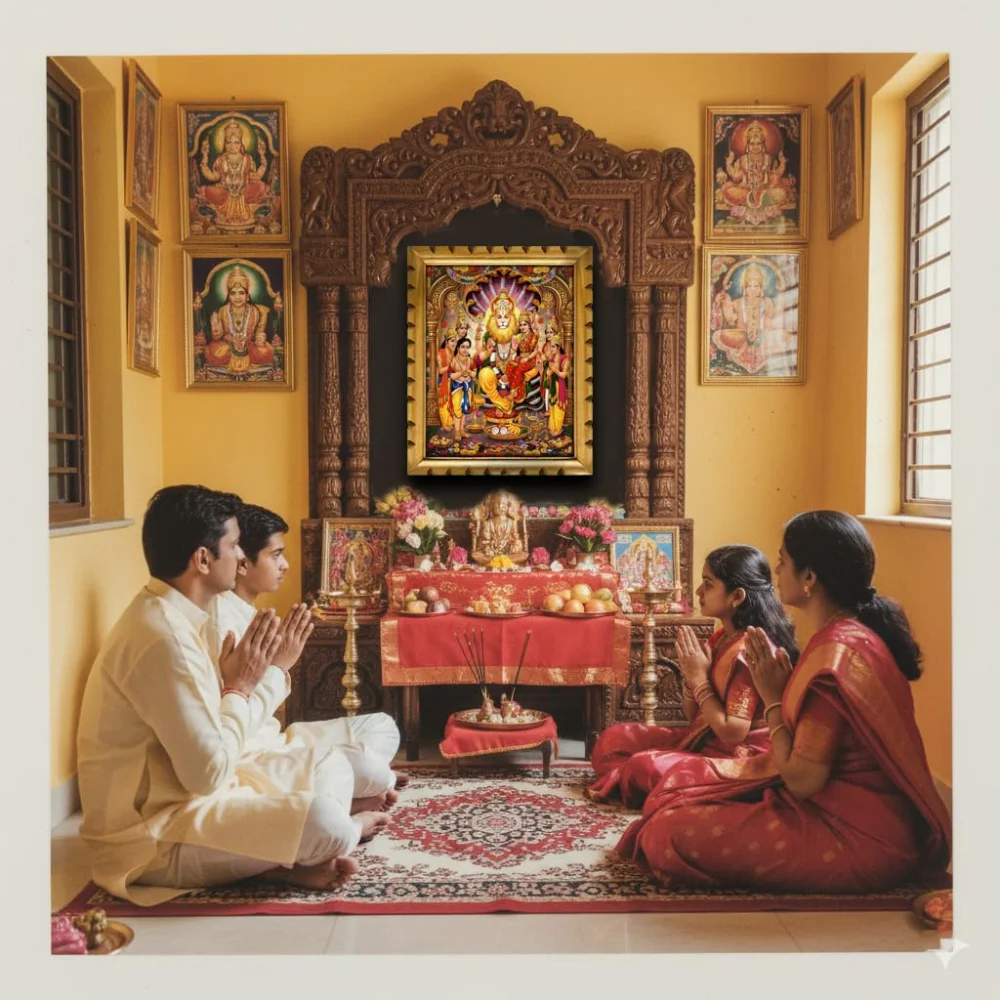 Lord Narasimha Swamy Digital Print with Wooden Frame, Hindu Religious Wall Art, Film Laminated, 14 x 17 inches, Gold Frame with Temple Design