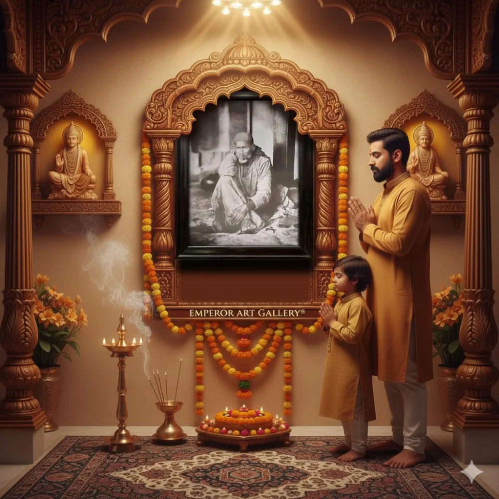 EMPEROR ART GALLERY® Sri Shirdi Sai Baba Framed Photo, Black Wooden Frame, 21x29 Inches, Laminated Digital Print, 300 GSM
