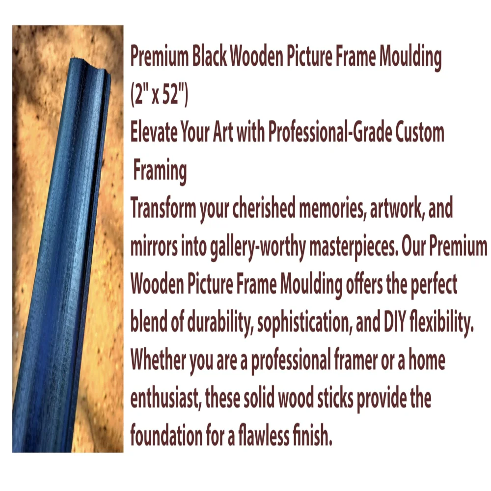 EMPEROR ART GALLERY®Premium Professional Black Wooden Picture Frame Moulding, 2 x 52 Inch, Custom DIY Framing Sticks for Artwork, Gallery-Grade