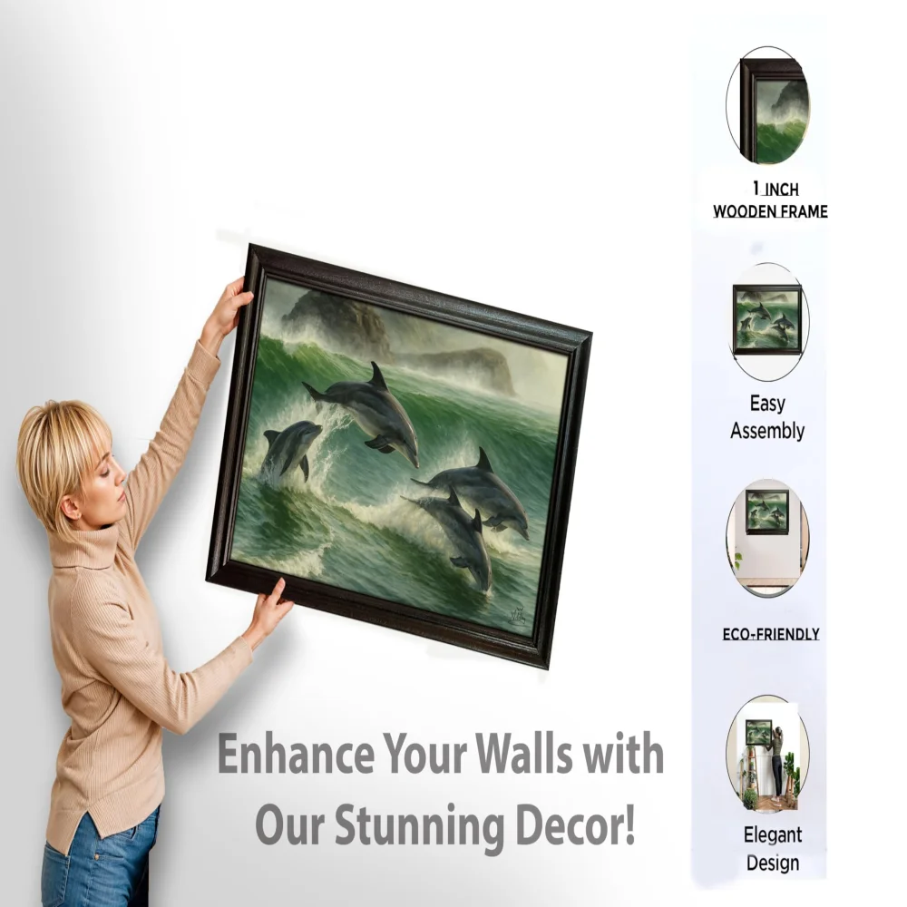EMPEROR ART GALLERY®,Premium Dolphins Canvas Wall Art with Wooden Frame, 58.4 x 40.6 cm, Ocean Wave Scene