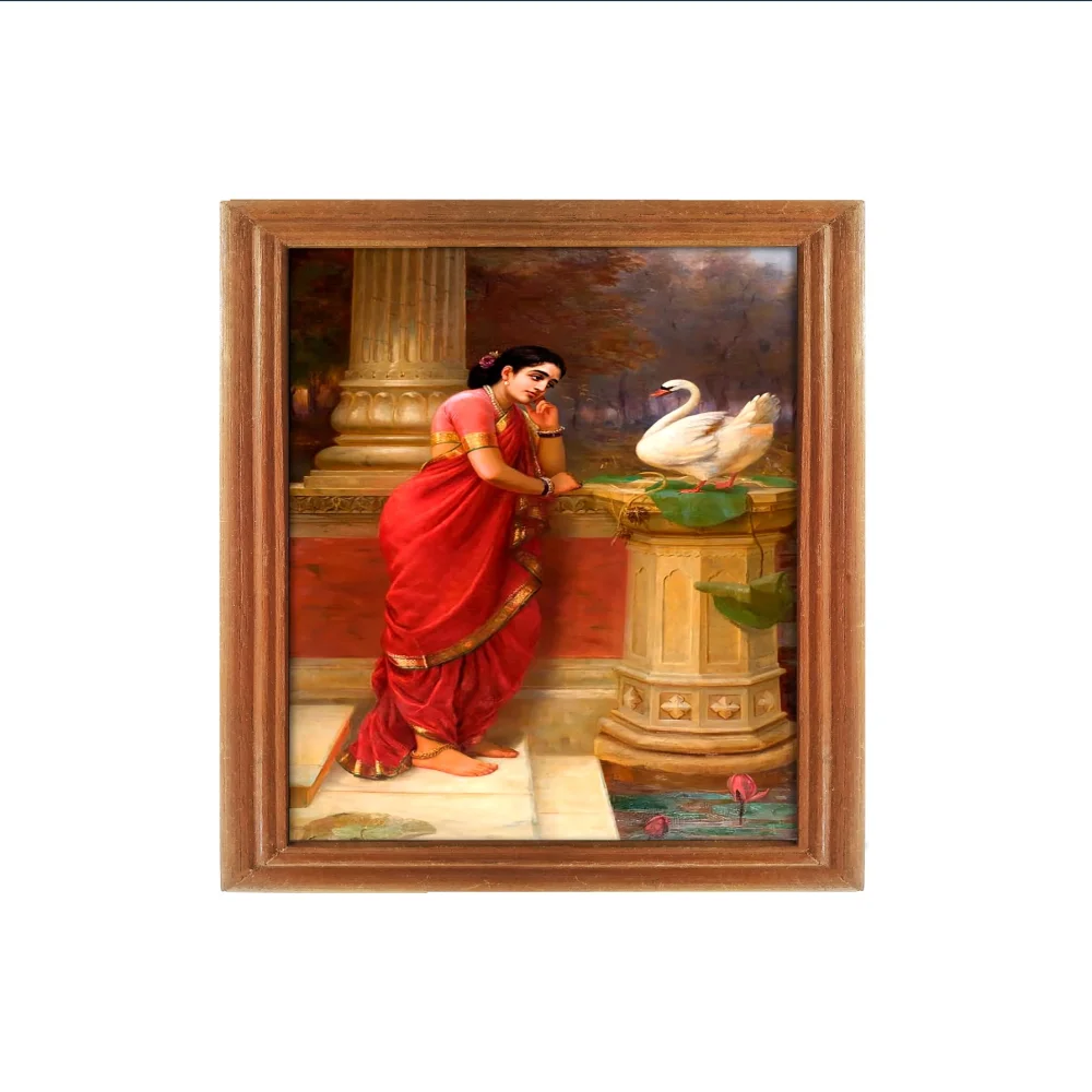 Lord Saraswati Laminated DIgital Re-Print with TEAK Wood Frame Digital Reprint 12.5 inch x 8 Painting