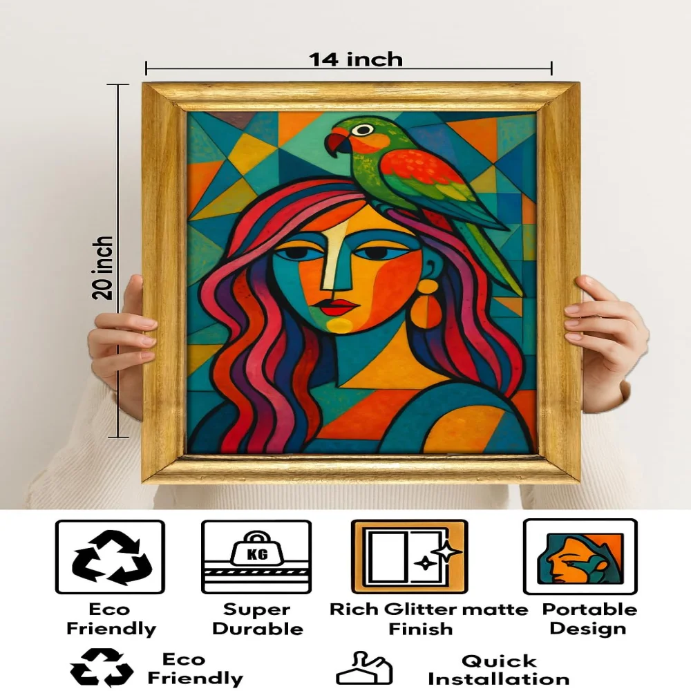 EMPEROR ART GALLERY®,Abstract Portrait with Parrot Wall Art, 35.5 x 50.8 cm, Natural Wooden Frame, Glitter Laminated Digital Print