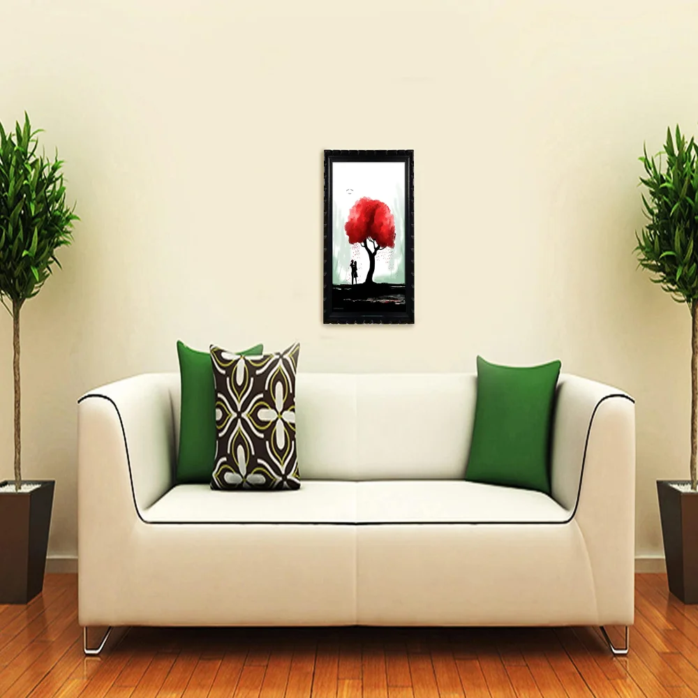 Mperor, Black and White Wall Art with Red Tree Laminated Digital Print With Wood Frame(18.1x13) in