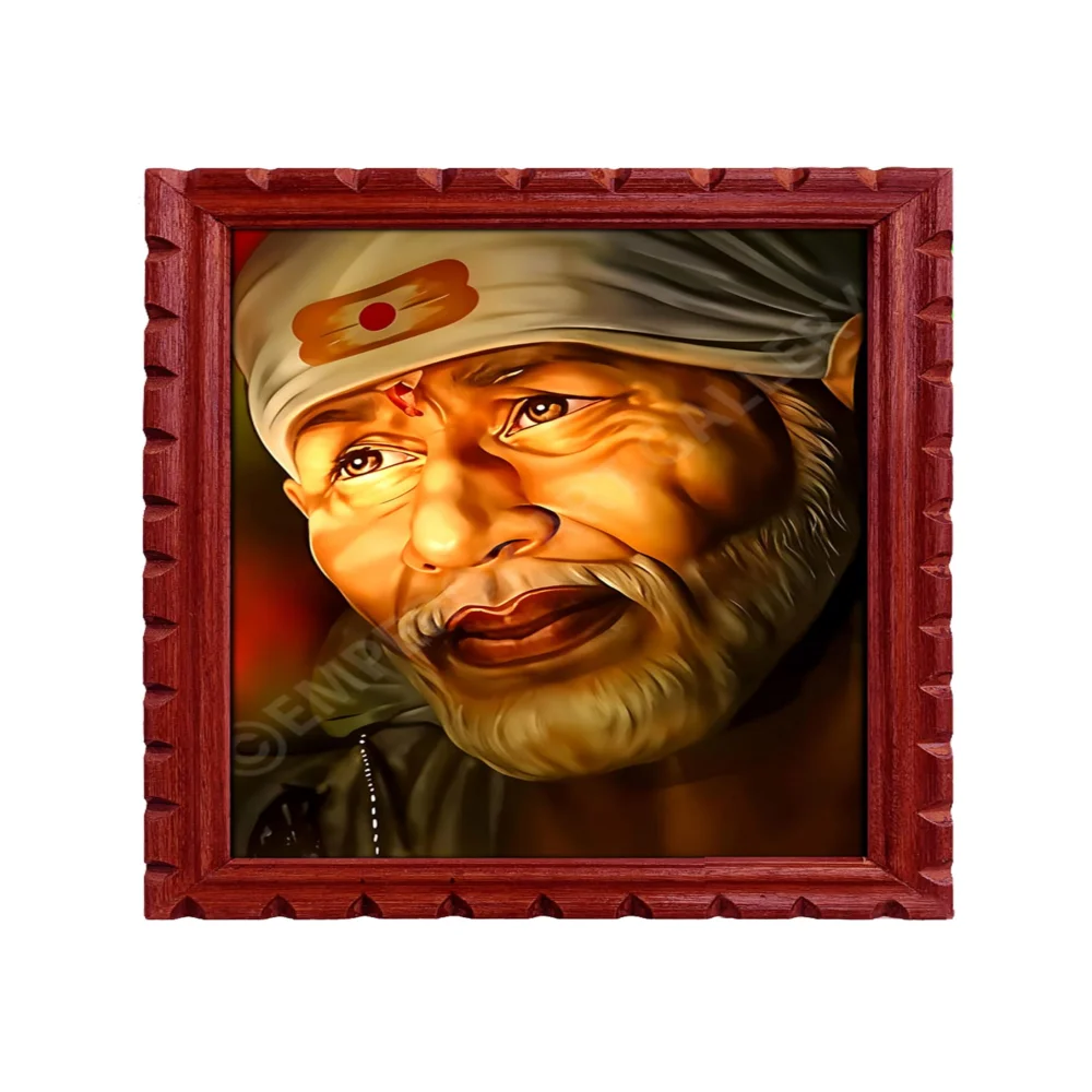 EMPEROR ART GALLERY Shirdi Sai Baba Premium Wooden Photo Frame, 33 cm x 46 cm, Black Carved Design with 3mm Glass