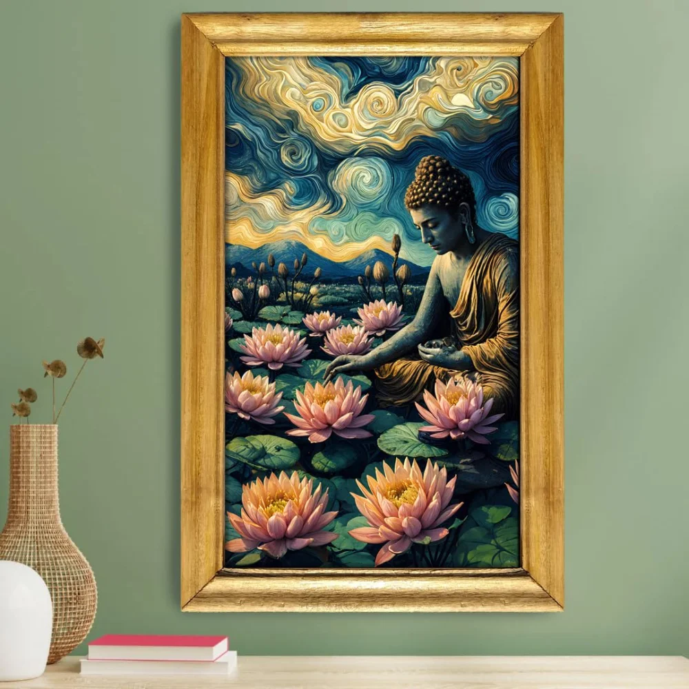 Celtic Buddha Wall Art with Lotus Design, 30.5 cm x 51 cm, natural colour Wooden Frame, Laminated Digital Print
