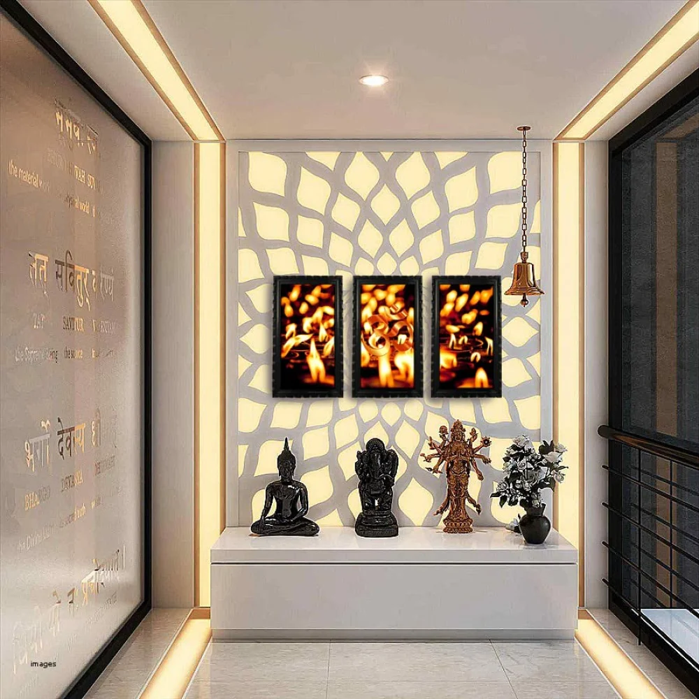 Mperor, Om Digital Re Print With Original Carved Design Wood Frame(7x13) in Peace of 3