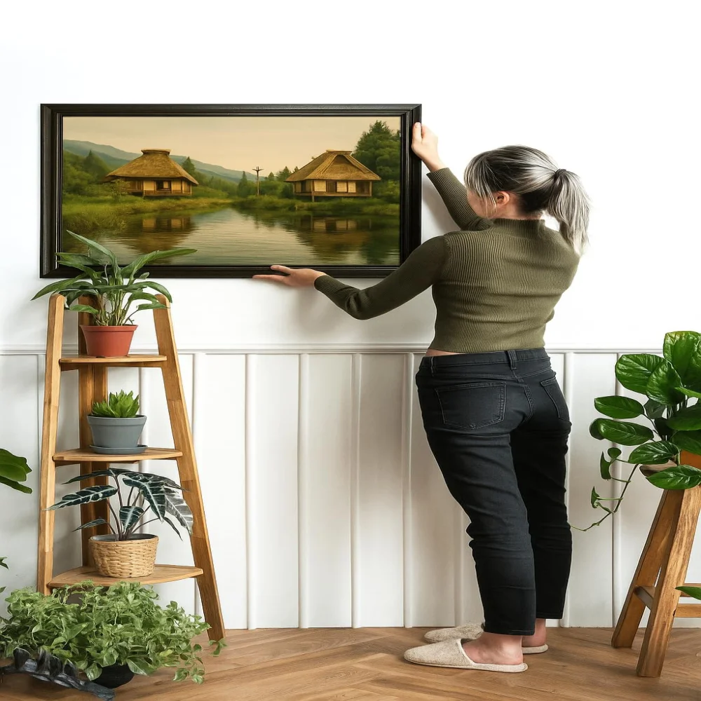 EMPEROR ART GALLERY®,Lakeside Cottage Canvas Wall Art with Premium Black Wooden Frame, 58.4 x 40.6 cm